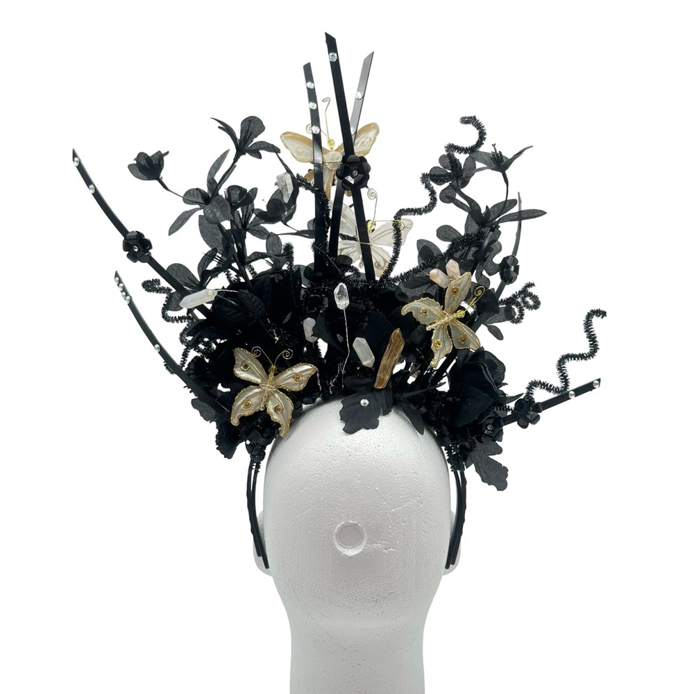 GOTHIC Artisan halo crown Black Floral Headpiece with Butterfly Accent handmade